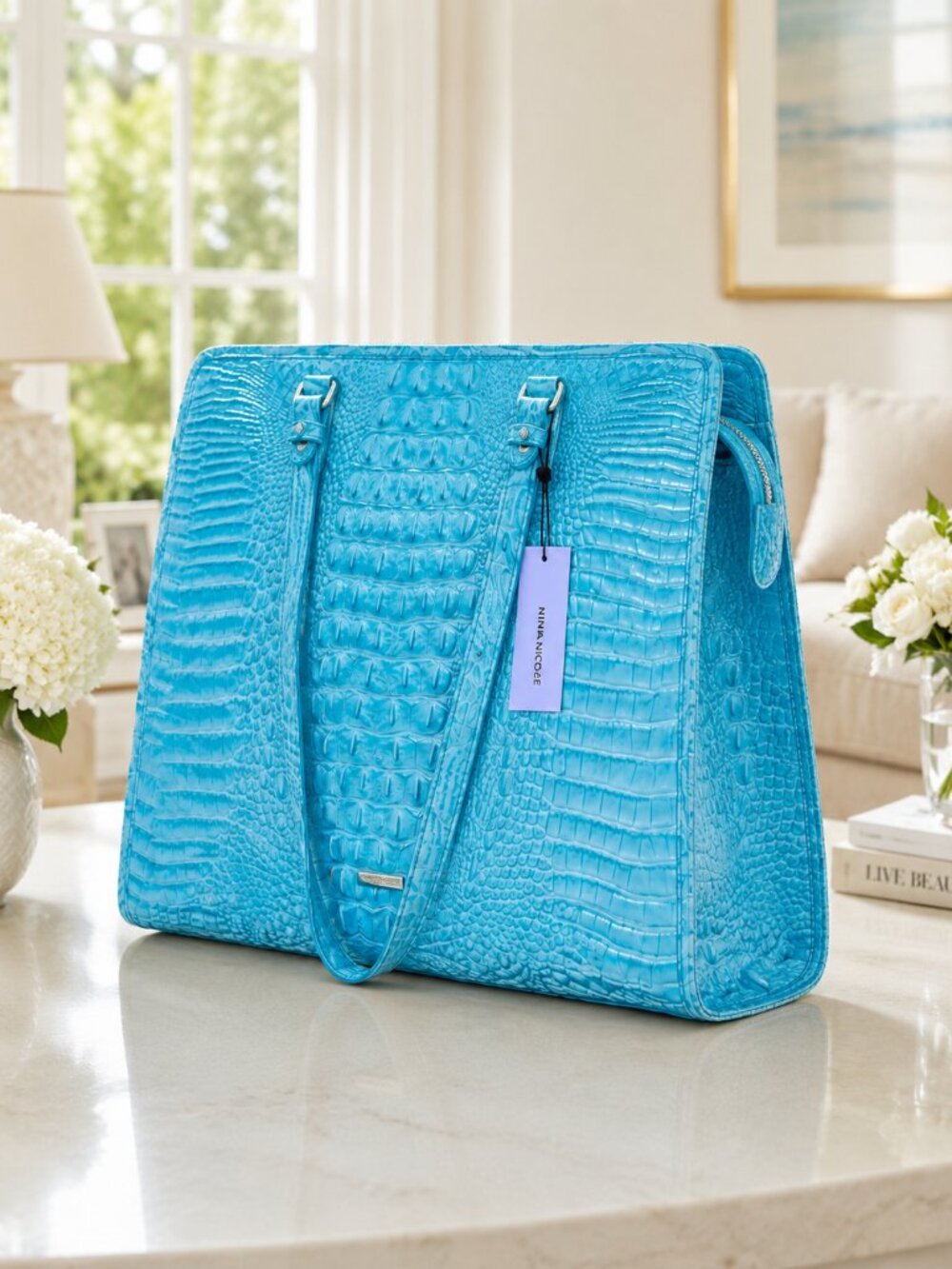 Brahmin Tia Tote Dusty Blue Melbourne Croc Leather Shoulder Bag NWT